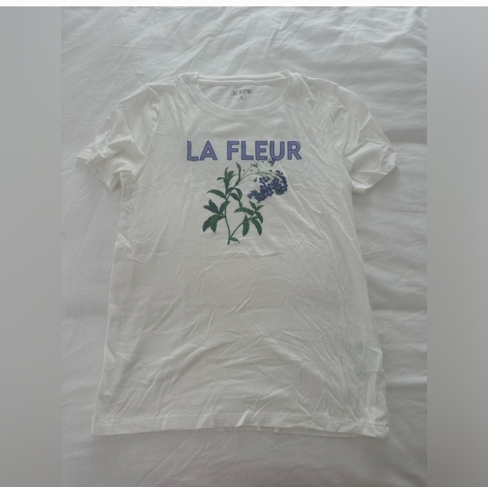 J. Crew White Tee with Purple and Green Floral Graphic